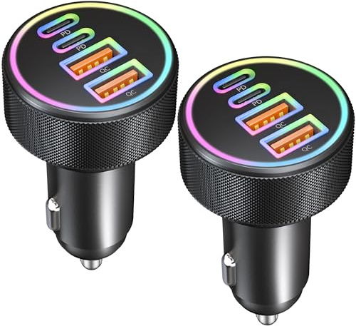 90W 2-Pack Chargeur Allume Cigare USB C, 4-Ports Double 45W USB-C et USB-A, PD/QC Prise 12V Rapide Chargeur Voiture pour iPhone 17 Air 16 15 14 13, Samsung Galaxy S25/S24, Google Pixel 9/8, Huawei