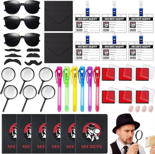 45 Stück Detektiv-Set, Part & Rollenspiel-Set mit Geheimschrift-Stiften, Lupen, Detektivausweisen, Umschlägen, Schnurrbärten, Notizbüchern, Fingerabdruck-Pads & Sonnenbrillen, Detektiv Geburtstag