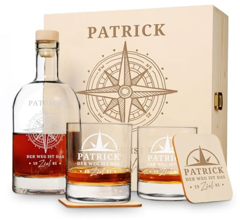 polar-effekt Whisky-Set 6-TLG für Männer mit personalisierter Gravur - Geschenk zum Geburtstag & Jubiläum - Mit 1x Holzbox, 1x Flasche, 2X Whiskey Gläser & 2X Untersetzer