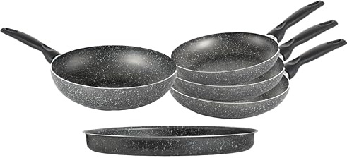 RollitPop Set of 5: 3 Non-Stick Aluminium Stone Effect Frying Pans Ø 20-24-28 cm, 1 Wok Ø 28 cm, No Induction, 1 Pizza Pan Diameter 34 cm, Made in Italy