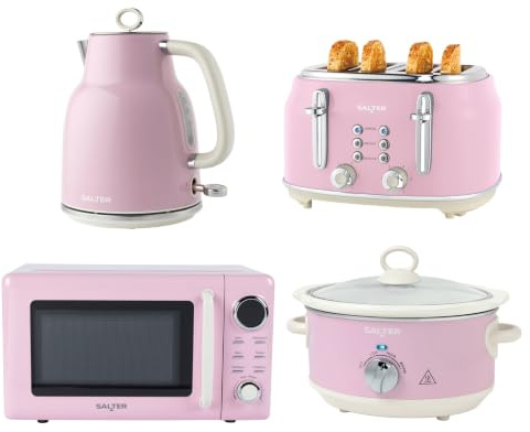 Salter Retro Pink Kitchen Set – 1.7L 3kW Kettle, 4-Slice Toaster with 6 Browning Levels, 20L Digital Microwave Oven with 25.5 cm Glass Turntable, Slow Cooker with 3 Heat Settings & Tempered Glass Lid
