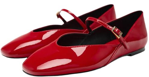 Women's Patent Leather Elegant Ballet Flats Comfortable Round Toe Adjustable Buckle Strap Flat Non-Slip Mary Jane Shoes Suitable for Dancing Walking (red,9)