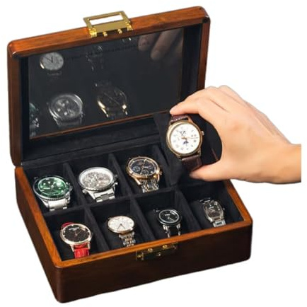 Boîte à montres en bois massif 8 emplacements avec couvercle en verre - Boîte de collection en noyer pour homme et femme - Support de rangement de luxe en bois de noyer