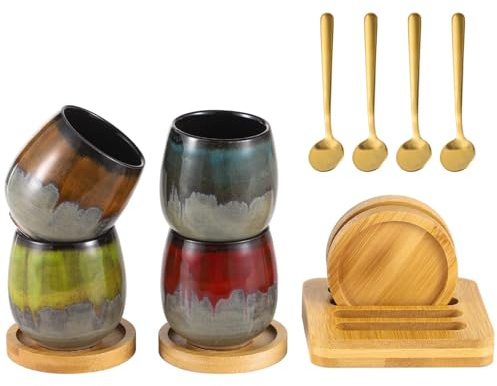 yeeplant Juego de 4 tazas de café de cerámica con cucharas doradas, juego de té y café pintados a mano con posavasos de madera y base de almacenamiento, juego de 4