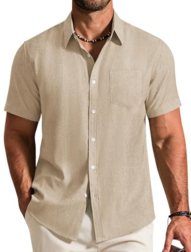 COOFANDY Mens Shirt Short Sleeve Casual Lightweight Summer Shirt Regular Fit Beach Top with Pocket Khaki 3XL
