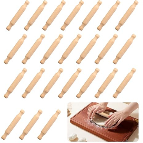 24 Pcs Mini Rolling Pin for Clay, Wooden Playdough Tools | Small Wooden Rolling Pins, Non-Stick Wood Dough Roller for Halloween Christmas Kitchen Baking Pizza Embossed Pastry Fondant