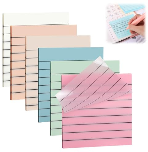 TLDBATICE 6 Pezzi Sticky Notes Transparent, Note Adesive Trasparenti a Righe Grandi, Transparent Sticky Notes 7,6 x 7,6 cm, Blocchetti Adesivi per Scuola Ufficio Studio Lettura
