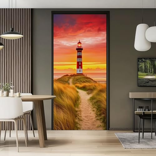 3D Türaufkleber Türtapete selbstklebend TürPoster Natur Leuchtturm Strand Sonnenuntergang Rot Orange Türfolie Tapete Fototapete Wasserdichte abnehmbare Tapete Tür Aufkleber Schlafzimmer, 88 x 200 cm