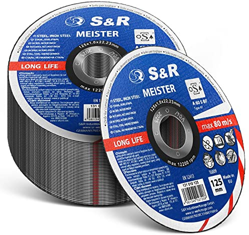 S&R Professional Trennscheibe 125 mm, 50 Stück, Extra Dünn 1 mm Winkelschleifer Flexscheibe, für Metall, Stahl, INOX, Edelstahl, robuste Doppel-Verstärkung, Ideal für Karosserie, Behälterbau