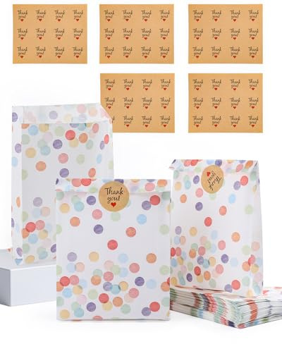 Acual Bolsas Chuches Cumpleaños 50 Pcs con 60 Pegatinas, Bolsitas Regalo Papel con Lunares, Resistente al Aceite para Candy Bar, Bodas, Picnics, Camping, Fiestas y Navidad (19x13x3cm)