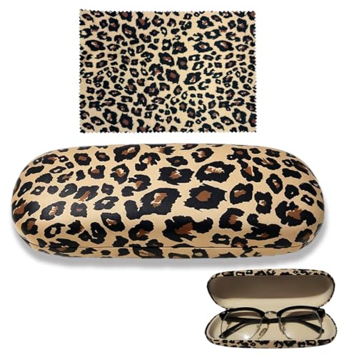 JIRVEX Custodia occhiali rigida con motivo leopardato, con panno per la pulizia degli occhiali, robusta per occhiali da vista e da sole, resistente alla pressione, 17x7x5 cm, elegante protettiva.