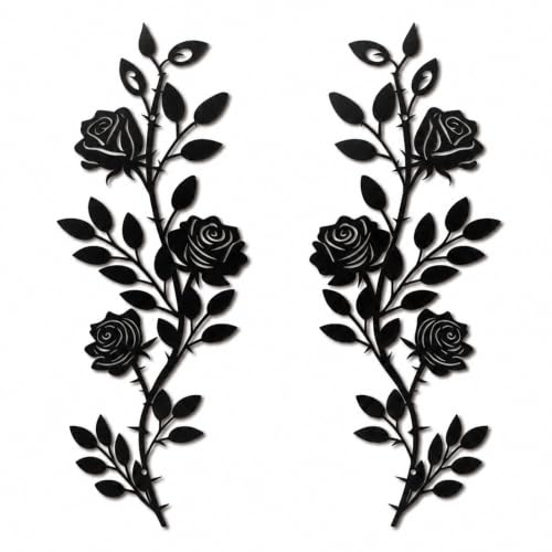2 Rosen Schwarze Wanddeko Garten, Wanddeko Metall Wandbilder Vintage | Schwarzes Metallbild Wand Floral, Wanddeko für Wohnzimmer Schlafzimmer Flur Terrasse, Wetterfest Metallbilder für Innen&Außen