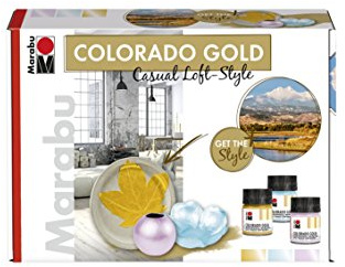 Marabu 1264000000081 - Metallic Effektfarbe im Set, Colorado Gold Loft Style, auf Wasserbasis, lichtecht, wetterfest, schnell trocknend, 3 x 50 ml Farbe und Pinsel