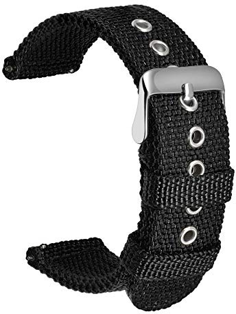 Ullchro Nylon-Uhrenarmband, Ersatzarmband, Militär, Armee, Herren und Damen – 18 mm, 20 mm, 22 mm, 24 mm, Uhrenarmband mit silberfarbener Edelstahl-Schnalle 18mm schwarz