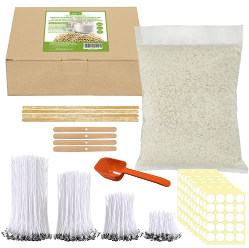JBEIY Kit Cera Soia, 1 kg di Cera di Soia Naturale, 200 Stoppini in 4 cm 10.5cm 15 cm e 22 cm, 100 Adesivi, 4 Porta candele, 1 Cucchiaio per Candele Fai Da Te Adulti principianti