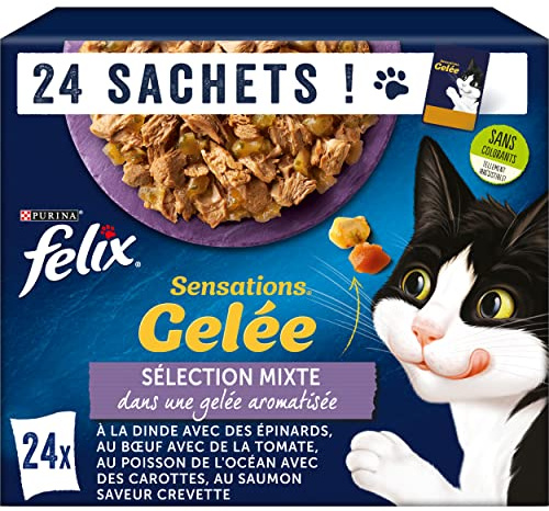 FELIX | Känslor | Vuxen katt | Blandat geléval: med nötkött, kalkon, havsfisk, lax | 100% komplett och balanserad våtmat | färska påsar | set med 4 (24 x 85 g)