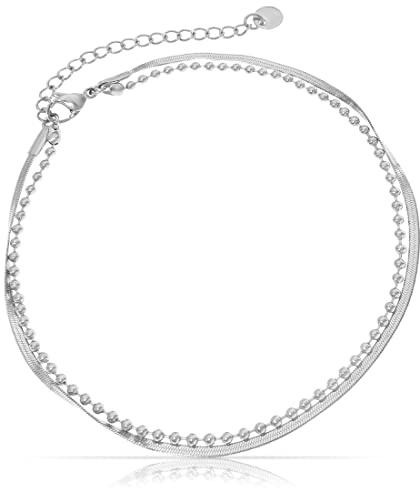 Made by Nami Edelstahl Damen Fußkettchen mit starkem Karabiner-Verschluss - im angesagten Schlangen-Design - Frauen Fußkette Gold oder Silber - Mädchen Fußschmuck - Geschenk für Sie (Silber Perlen)