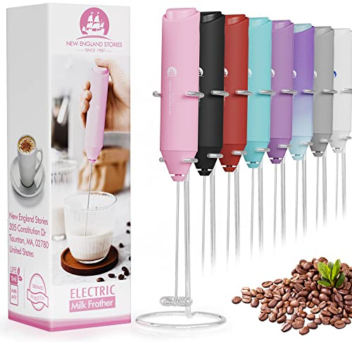 Puissant mousseur à lait portatif - Mini fouet mélangeur pour café, cappuccino, latte, matcha et chocolat chaud - Avec support - Rose