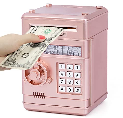 Thedttoy Electronic Piggy Bank Money Safe Password Money Box for Kids Ages 3+, ATM Bank Safe Coin Cash Banks Money Saving Box, Birthday for Boys Girls 3 4 5 6 7 years Old (Rose Gold)