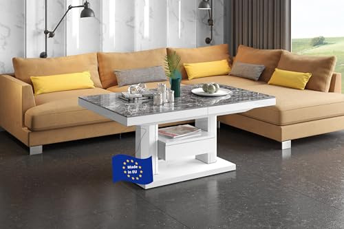 designimpex HM-120 Couchtisch Marmor dunkel/Weiß Hochglanz ausziehbar höhenverstellbar 120/170cm Schublade modern Wohnzimmertisch Esstisch Beistelltisch Sofatisch platzsparend hochwertig Wohnzimmer