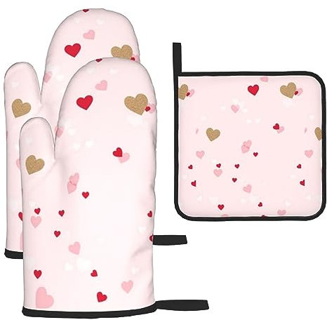 Ofenhandschuhe und Topflappen, 3er-Set, hochhitzebeständig, für die Küche, rosa und rot, Herz, Ofenhandschuh mit heißen Pads für Backen, Garten, Arbeitstag Essentials