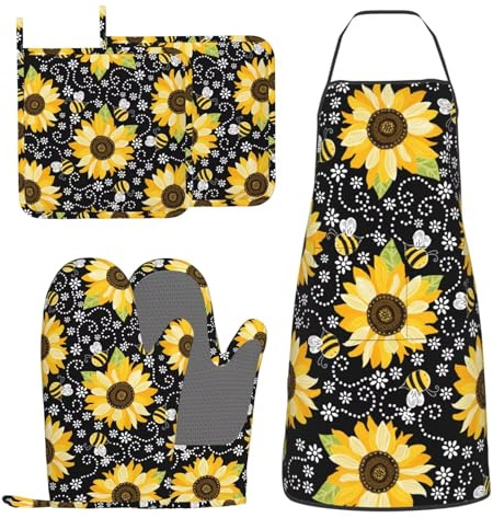 BOKEKANG Sunflower Bees Ofenhandschuhe und Topflappen mit Schürze 5er Set Silikon Sonnenblumen Küchenhandschuhe und rutschfeste Topflappen Kochschürze Set Hitzebeständige Ofenhandschuhe Hot Pads für