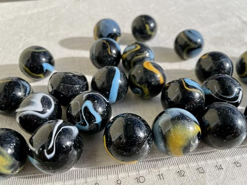 FAIRY TAIL & GLITZER FEE 25 Große Glaskugeln Schwarz Bunt 27mm 500g Murmeln Murmel Dekokugeln Glas Kugel