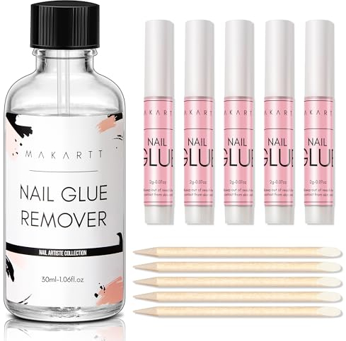 Makartt Nail Glue Remover Kit - 30ml Nagelkleberentferner Ohne Aceton mit 5 Stück Nagelkleber für Kunstnägel Nagelspitzen
