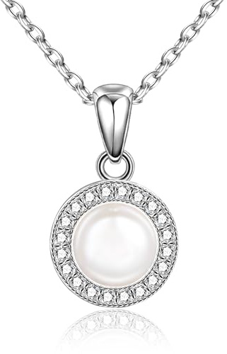 Candyfancy Halskette Silber 925 mit Anhänger, Damen Kette mit Herz Zirkonia Perlen Mondstein Anhänger Silberkette Geschenk für Frauen Freundin
