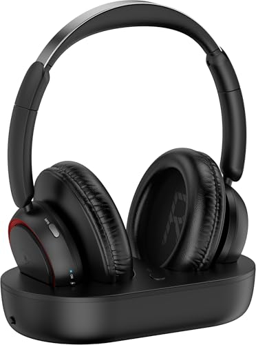 LETSACTIV Funkkopfhörer für Fernseher, kabellose TV-Kopfhörer mit TV-Sender-Ladestation für Senioren, Hörgeschädigte, Keine Audioverzögerung, Blutooth-Kopfhörer, Plug-and-Play (Schwarz Rot)