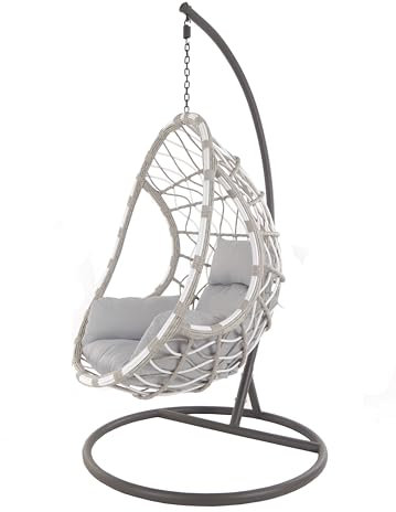Kideo® Komplettset: XXL Hängesessel mit Gestell & Kissen, zweifarbig, naturfarben, Polyrattan, Lounge, Korbsessel (Rattan: grau-weiß, Kissenfarbe: grau)