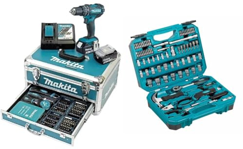 Makita DHP482RFX9 Schlagbohrschrauber 18V / 3,0 Ah, 2 Akkus plus Ladegerät im Alukoffer, Petrol, 96-tlg. Zubehör-Set & E-10899 Handwerkzeug-Set, 76-teilig