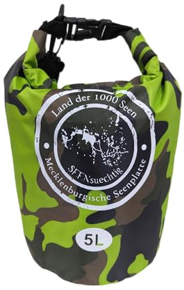Dry Bag Trockensack Seesack 100% wasserdicht Packsack Tasche Beutel Wasssersport Kanu Kajak SUP Tauchen Schwimmen Baden Strand Angeln Campen wasserfest Schultergurt Drybag grün Camouflage (5 Liter)