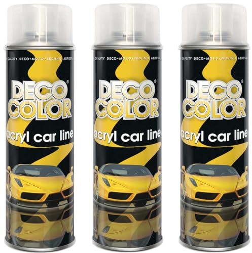 DECO COLOR 3er Sparpack ACRYL-CAR-LINE KLARLACK GLÄNZEND in 500ml anwendbar für Felgenlacke (3 Dosen 500ml Klarlack Glanz)