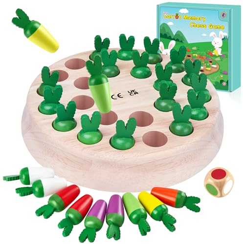 Mystooy Karotten Memory Spiel,Gedächtnis Schach Holz,Kinderspiele Lernspielzeug Montessori Spielzeug ab 3 4 5 Jahre,Familien Brettspiel Training Konzentration Geburtstagsgeschenke für Kinder