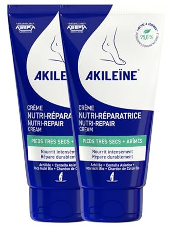 AKILEÏNE | Crème Nutri-Réparatrice Pieds Secs | Hydratation Intense | Répare les Fissures et Crevasses | Peau plus Douce et Régénérée | Lot de 2x75ML