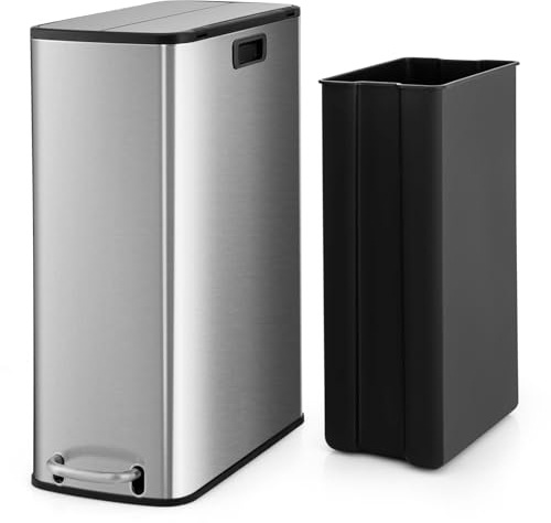 COSTWAY 46L Slim Butterfly Rubbish Bin, Stainless Steel Recycle Pedal Kitchen Trash Can with Soft-Closing Wing Lids & Removable Inner Bucket, Airtight Garbage Can Waste Separation System