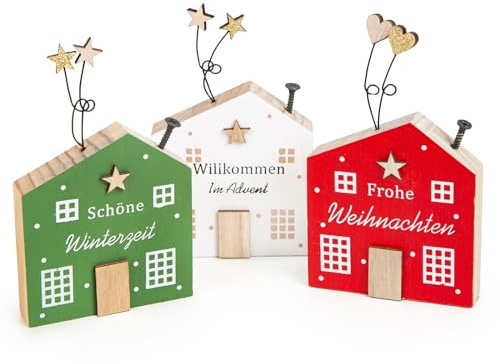 Weihnachtsdeko Häuschen Holz – 3er Set Deko-Häuser mit Schrift & Drahtverzierung – 13 x 8 cm – Frohe Weihnachten, Winterzeit, Advent – Logbuch-Verlag