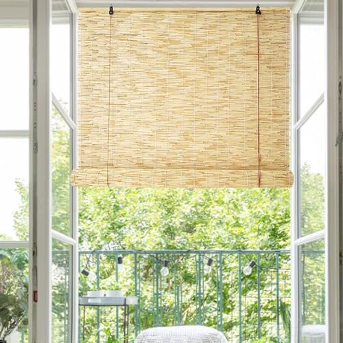 Bambusrollo Aussenbereich Sonnenschutz Balkon Outdoor Schilf Vorhang Wetterfest Rollo Bambus Jalousie Außen Schilfvorhänge Sichtschutz Türvorhang Bambusvorhang Handgewebte Senkrechtmarkise(Color:Natur