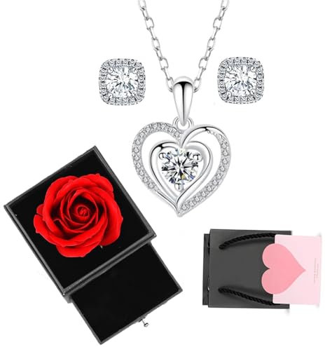 Ewige Rose mit Herz Halskette und Ohrringe, Infinity Rosen, Rosenbox, Schmuck Geschenkbox, Konservierte Rose für Weihnachtsfeiertag Valentinstag Jahrestag Geburtstag, für sie Frauen Freundin Frau