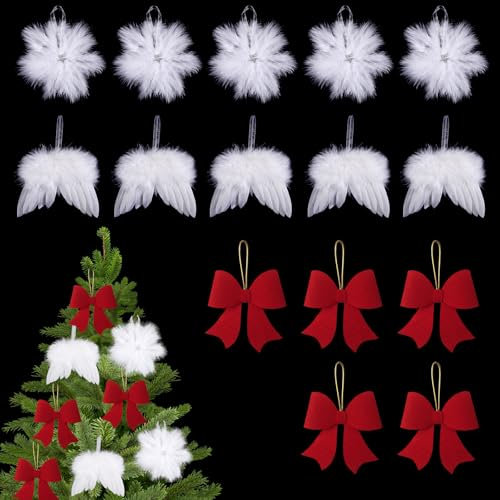 MIPIACE 10 Pezzi Ali di Angelo di Natale Piume e 5 Fiocchi di Natale Decorazioni di Piume Bianche Decorazione per Albero di Natale Bianco per Albero di Natale Appeso Artigianato Natalizio Fai da Te