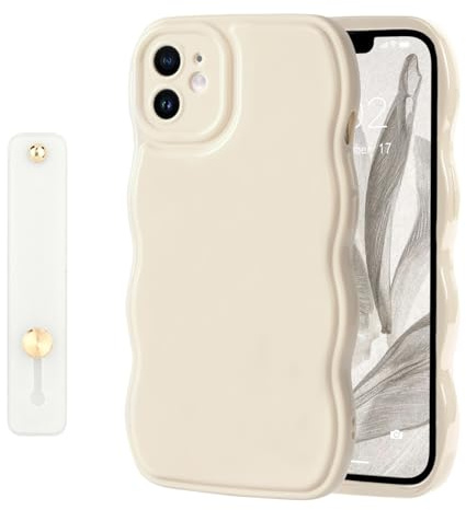 NITITOP Coque pour iPhone 11 Uni Ondulée avec Dragonne, Blanc | avec Ajustable Poignée de Maintien, Mignon et Simple Design, pour Filles Femmes, Souple Silicone, Housse de Protection