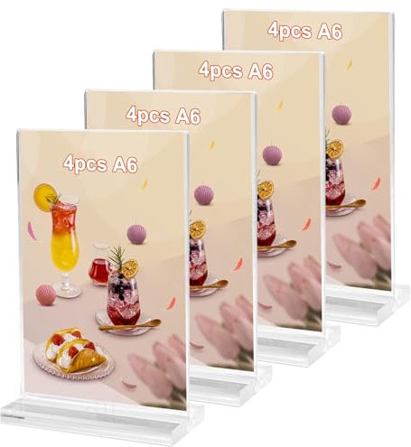 4 Stück A6 Acryl Preisschilder Aufsteller, Doppelseitig Tischaufsteller T-Aufsteller Transparent mit Stabilem Sockel, 15 x 10 cm Wasserdicht Acryl Fotoaufsteller für Büros Restaurants Cafés Geschäfte