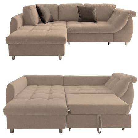 luma-Home 17010/ Ecksofa, Schlaffunktion & Bettkasten, Mikrofaser Hellbraun | B250/T190/H84 cm, Wellenunterfederung und Komfortschaum, Longchair Ottomane links, 2 Zierkissen Graubraun