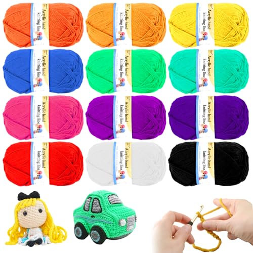 12 Farben Handstrickgarn,Häkelwolle,Acryl Wolle, Wolle häkeln,Wolle Set,Amigurumi Wolle,Wolle zum Basteln,Weicher Wolle zum Häkeln, Mehrfarbiges Garn zum Stricken Häkeln und Basteln x 13g/25 m