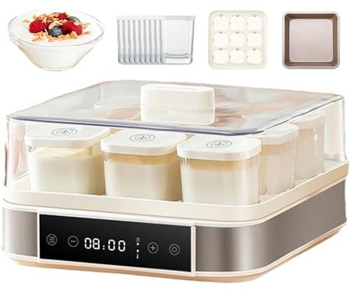 Yogurtera con 9 Vasos de Cristal de 170 ml, máquina para Hacer Yogur con Temperatura y Control de Tiempo Ajustables, máquina para Hacer Yogur Totalmente automática para Yogur casero