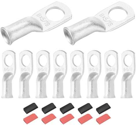 DMiotech 10 Pcs 8 AWG - 5/16 Tinned Copper Cable Lugs, Battery Cable Ends, Heavy Duty Copper Wire Lugs with 10pcs Heat Shrink Tubing for Electrical Projects, Silver