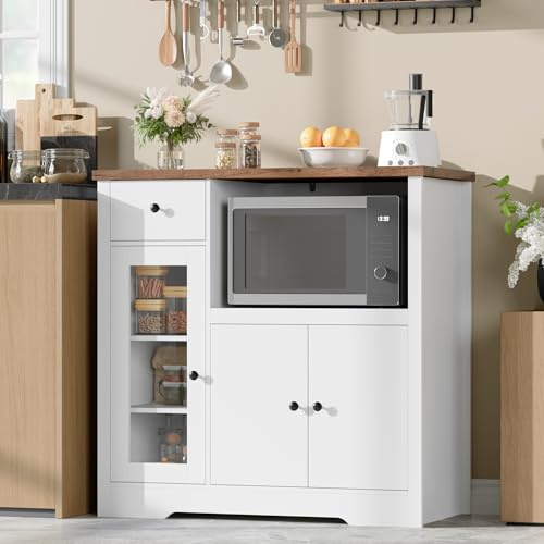 Senfot Kitchen Microwave Cabinet with Storage and Drawers, Modern Small Buffet Cabinet with Glass Doors and Adjustable Shelf, Wooden Sideboard with Wide Top for Dining Room, Living Room, White