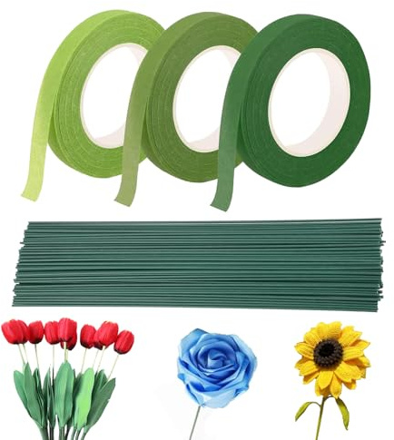 XINGNA 3 Rollen Floristenband,150 Stück Blumendraht Floristik Kreppband Floristikdraht Grün, Grüner Draht 2mm Stiel Draht Blumen Draht 30cm Lang mit Floristenband für Bouquet Basteldraht (27m/Rolle)