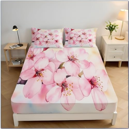 Set Di Lenzuola 140X200Cm | Fiori Di Pesco Primaverili Piante Acquerellate | Set Lenzuola Matrimoniale Da 3 Pezzi Con Lenzuolo, Federa | Tasche Profonde, Resistente Alle Rughe E Anti Pelucchi